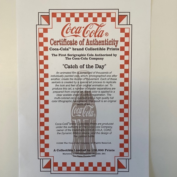 1998 Vintage Coca-Cola Framed "Catch of the Day" Serigraph Cel with COA. - Picture 7 of 7